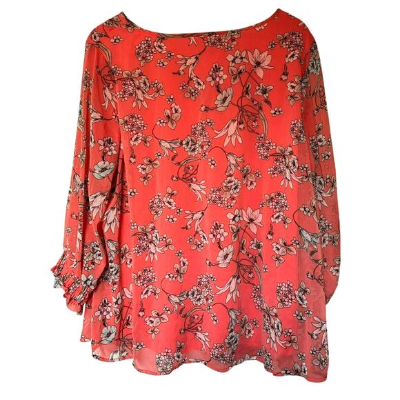 SARA MICHELLE NWT Womens 2X Coral Pink Floral Tie Neck Crepe Tunic Blouse Ruffle - Picture 3 of 7